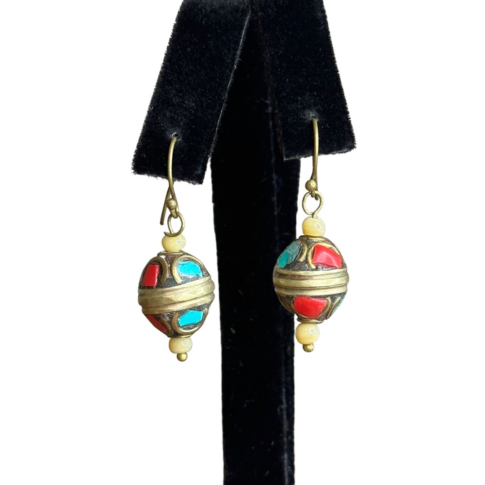 Vintage Tibetan Nepal Genuine Turquoise Coral Inlay Ethnic Pierced Earrings